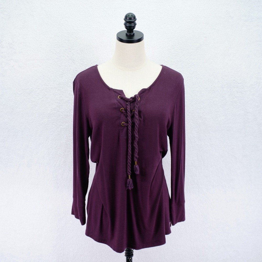 Democracy -Large- Burgandy Long Sleeve Top‎ Blouse Lace-Up V-Neck Rope Tie